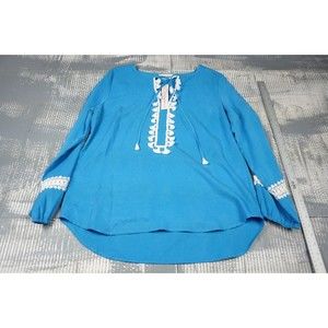 Line and Dot blouse womens Medium blue long sleeve Tassel  woven boho loose fit